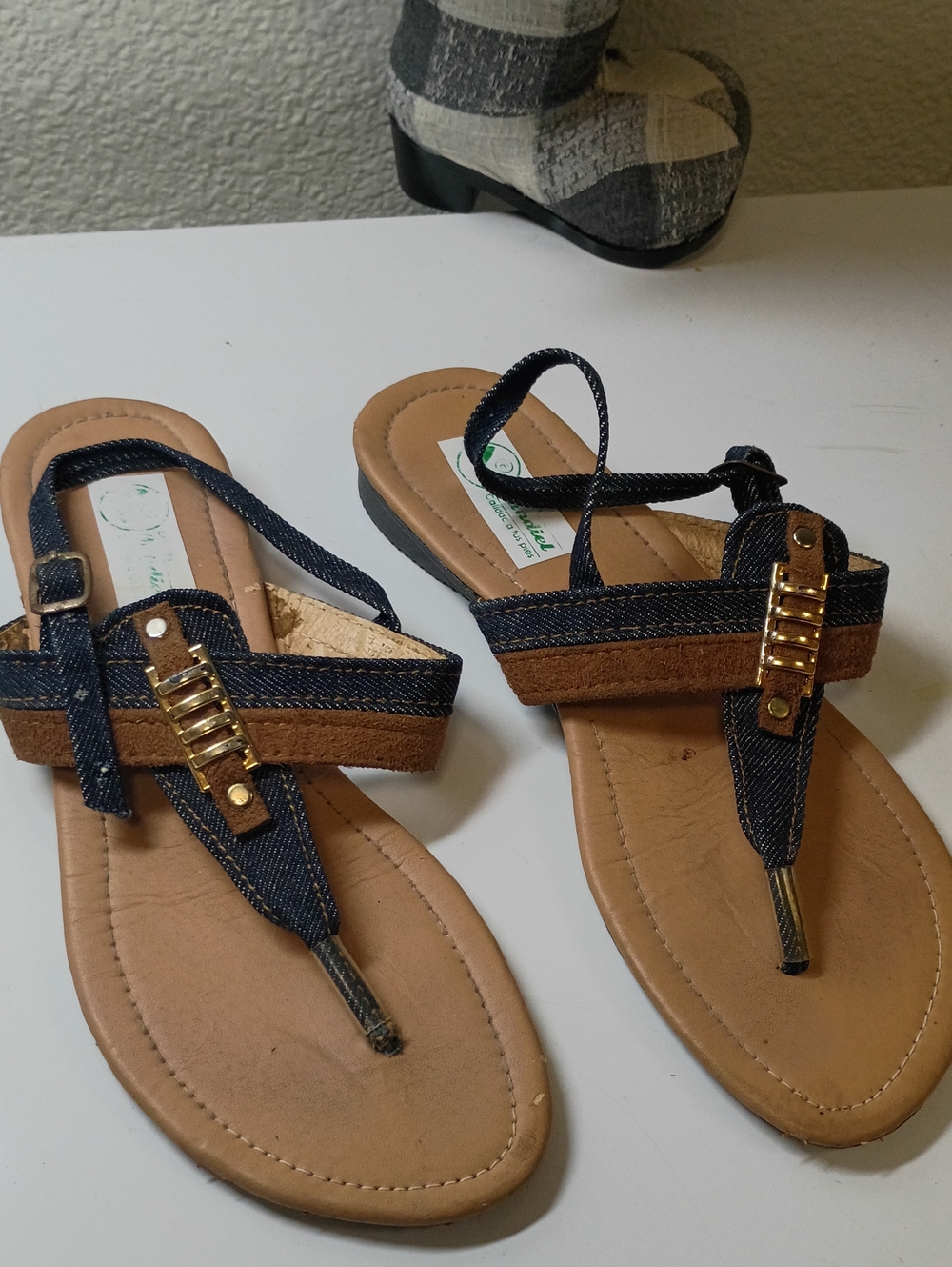 T-Strap Denim and Tan Sandals with Gold Accent